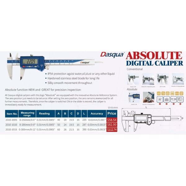 H & H Industrial Products Dasqua 0-200mm/0-8" Absolute Digital Caliper 2010-1010